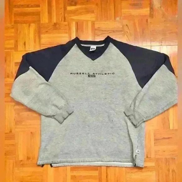 VTG RUSSELL ATHLETIC pullover v-neck gray blue MENS LARGE - Picture 1 of 6